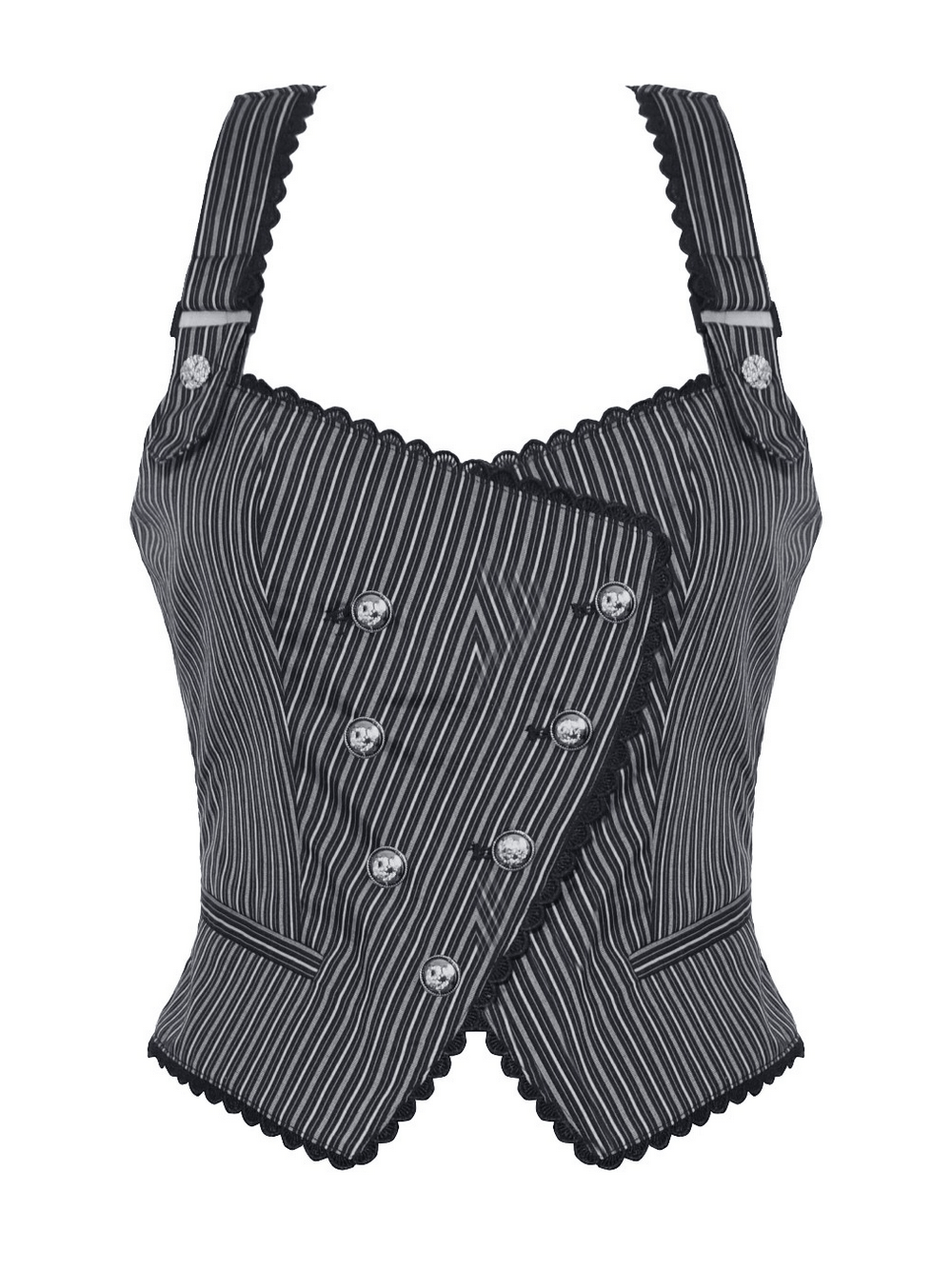 Goth Pinstripe Double-Breasted Vest with silver buttons and adjustable straps for a stylish punk look.