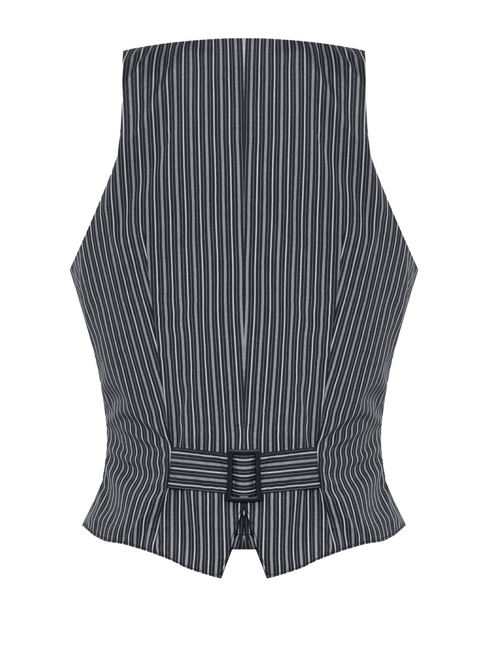 Goth pinstripe double-breasted vest with adjustable straps and silver button detailing for a punk look.