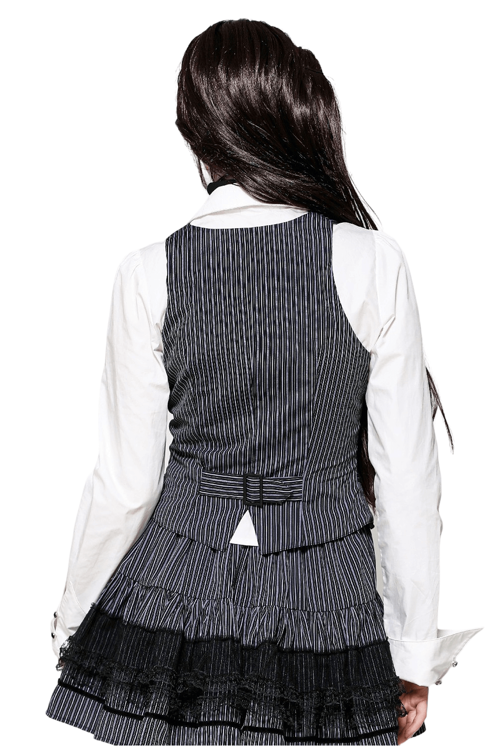 Back view of a gothic pinstripe double-breasted vest with adjustable straps, paired with a white shirt.