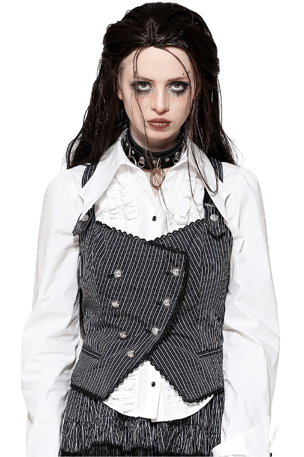Goth pinstripe double-breasted vest with straps and silver buttons, styled for a punk aesthetic.