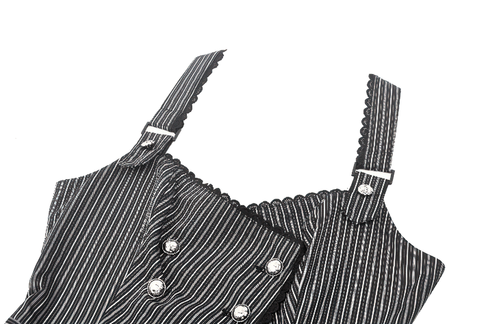 Gothic pinstripe double-breasted vest featuring adjustable straps and silver buttons for an edgy, stylish look.