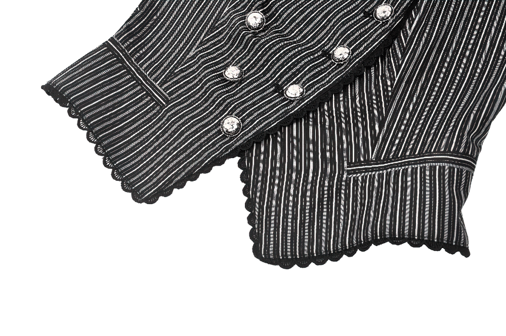 Gothic pinstripe double-breasted vest with silver buttons and scalloped edges for edgy style.