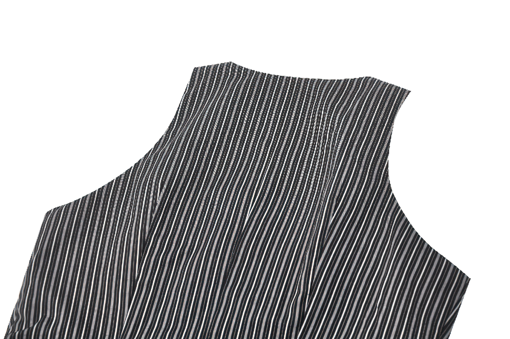 Close-up of the back of a Goth pinstripe double-breasted vest featuring sleek fabric and detailed stripes.