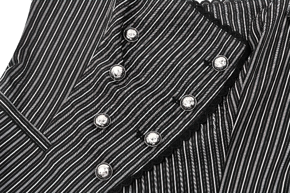 Gothic pinstripe double-breasted vest with silver buttons and adjustable straps, perfect for edgy fashion statements.