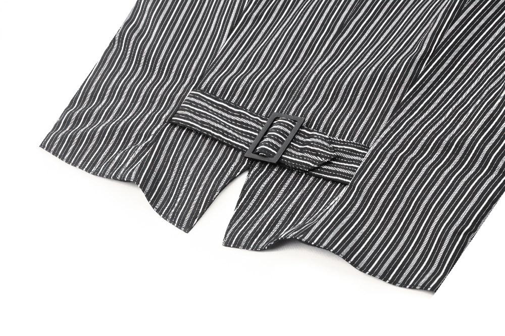 Close-up of gothic pinstripe vest detailing showcasing adjustable strap and sleek fabric design.