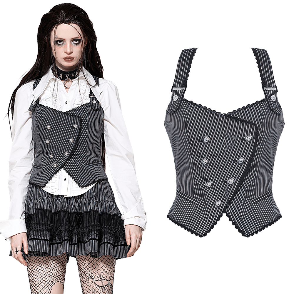 Gothic pinstripe double-breasted vest with adjustable straps, perfect for punk and edgy styles.