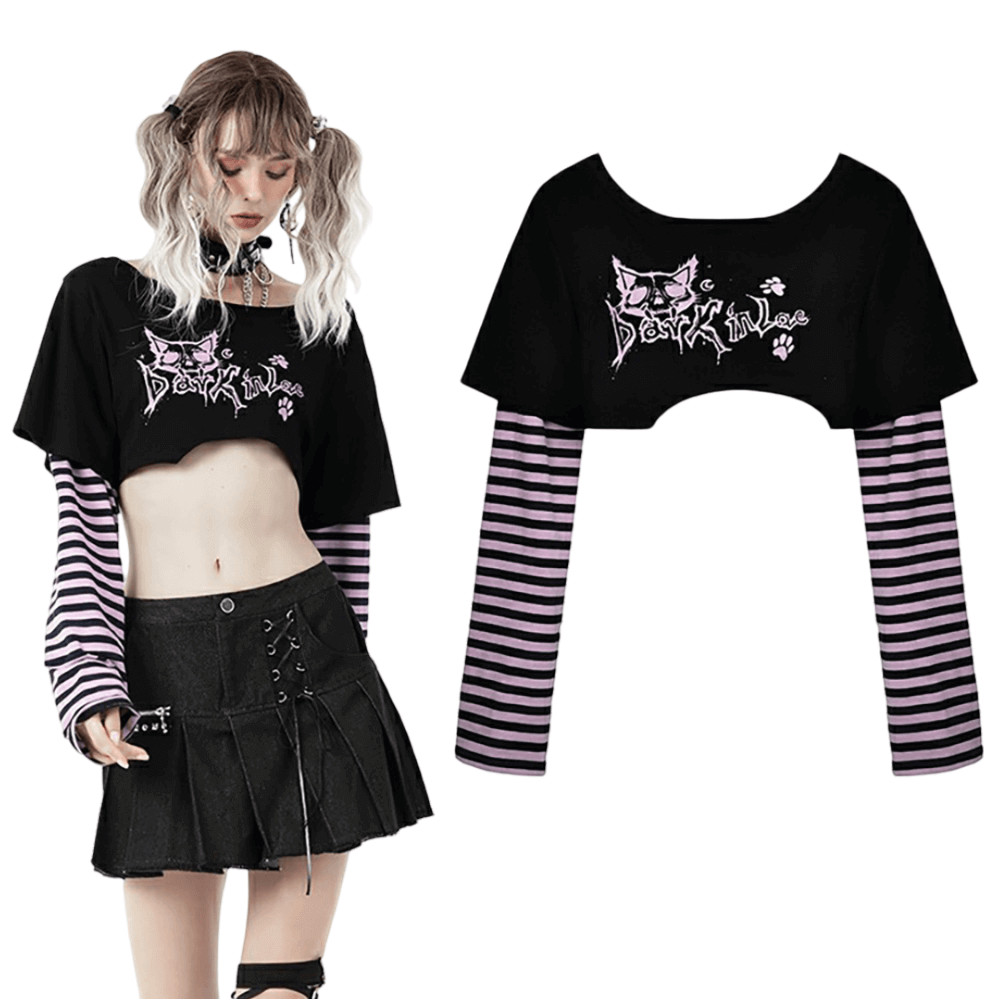 Goth punk crop top with Cheshire Cat graphic and striped sleeves, perfect for layering or standalone style.