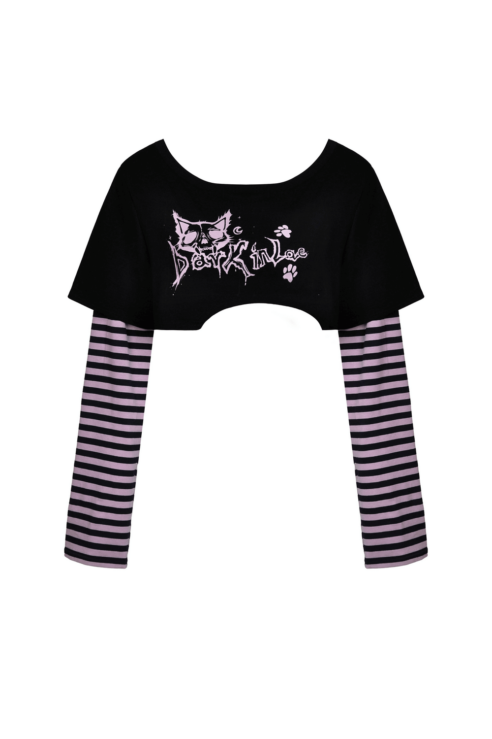 Goth punk crop top with Cheshire Cat graphic and striped violet and black long sleeves, ideal for a dark fashion statement.