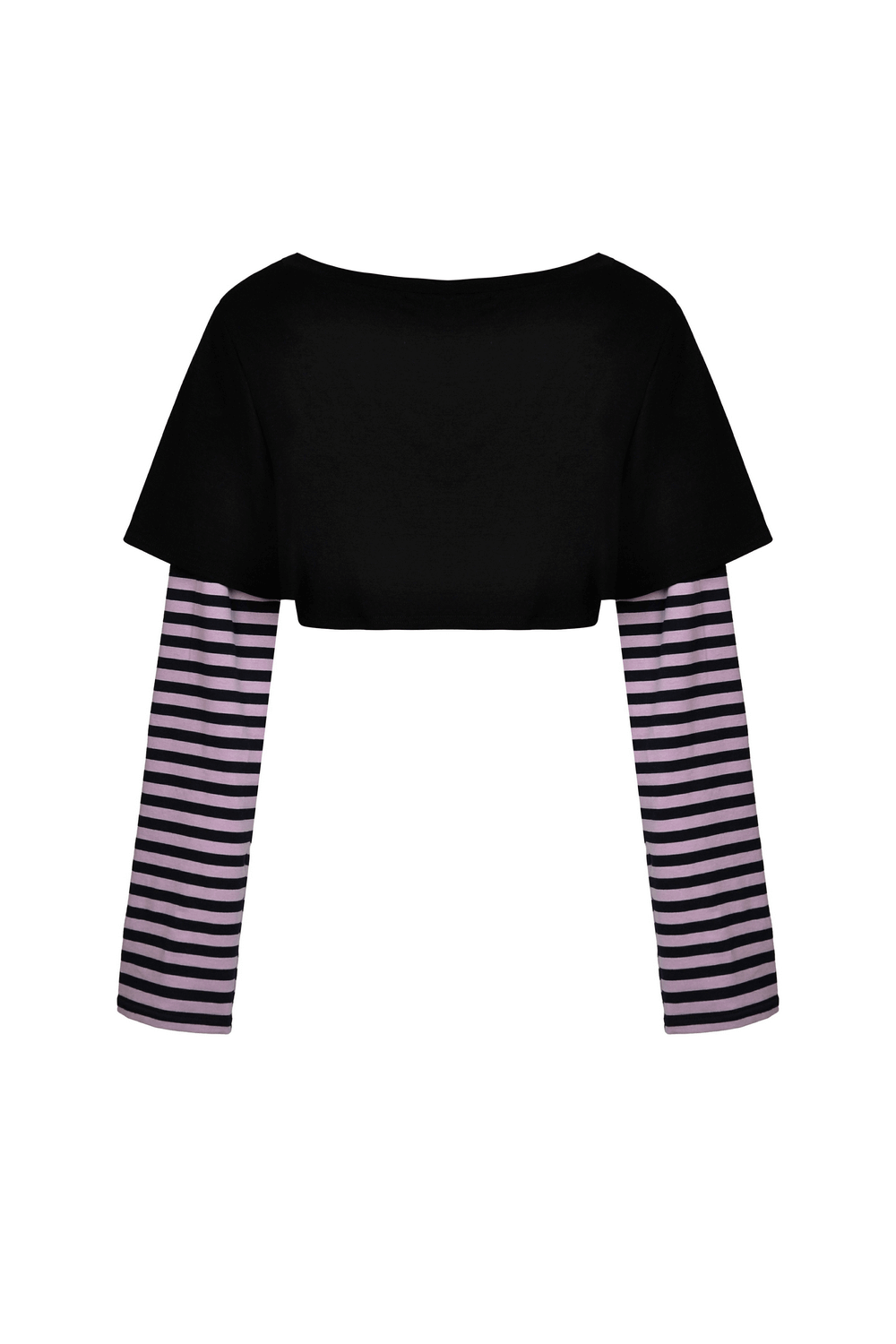 Goth punk crop top with striped sleeves and playful Cheshire Cat graphic on the back, perfect for dark fashion vibes.