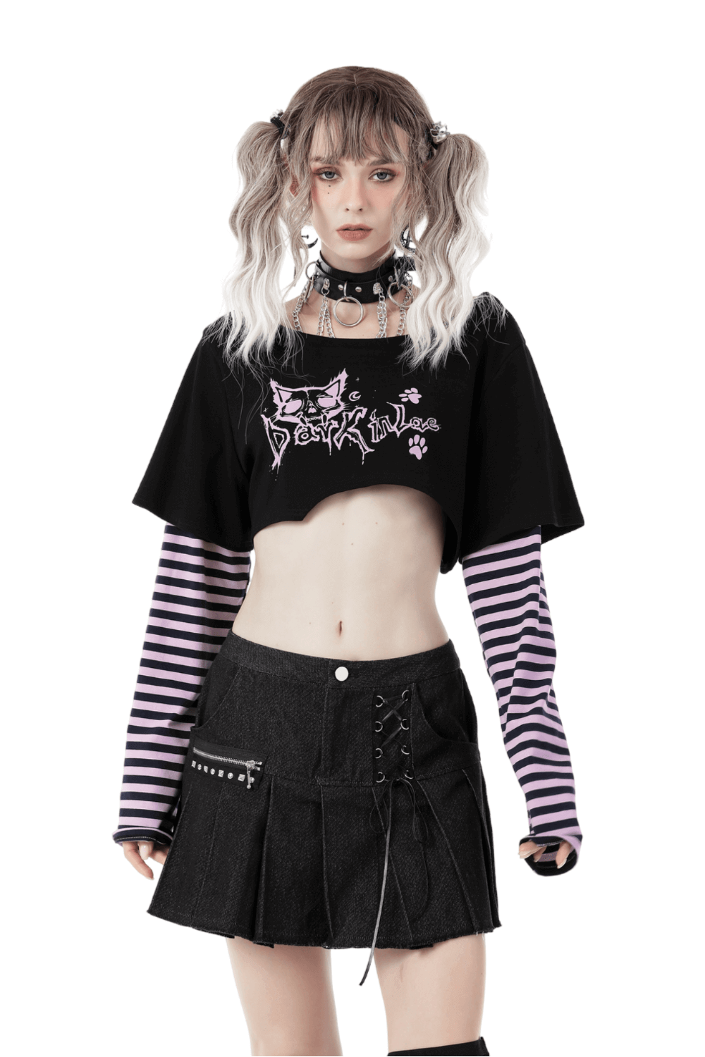 Goth Punk Crop Top with Cheshire Cat Graphic and Striped Arms