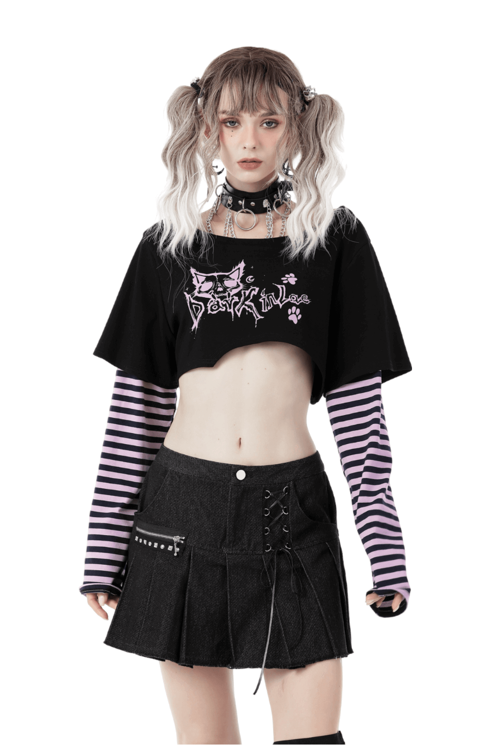 Goth punk crop top with Cheshire Cat graphic, striped arms, and edgy style for dark fashion lovers.