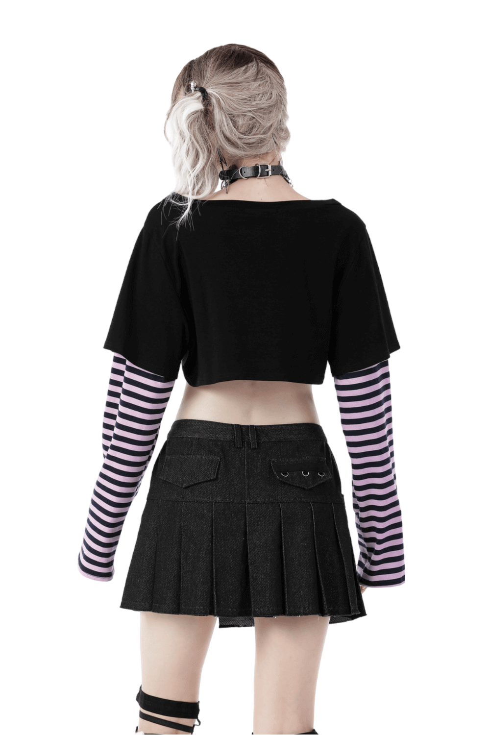 Back view of Goth punk crop top with striped sleeves, styled with a black skirt, showcasing dark gothic vibes.