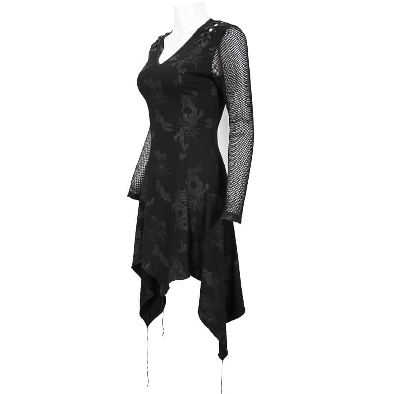 Stylish women's goth punk black dress with asymmetrical hem and mesh sleeves, perfect for a chic look.
