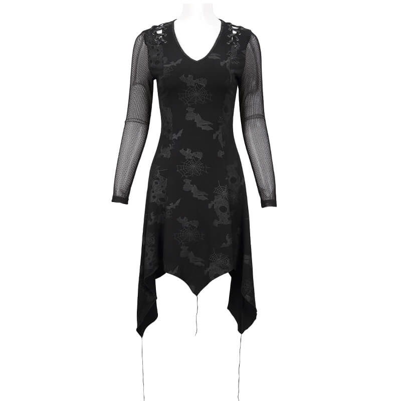 Elegant women's goth punk dress with V-neck, asymmetrical cut, and stylish drawstring details.