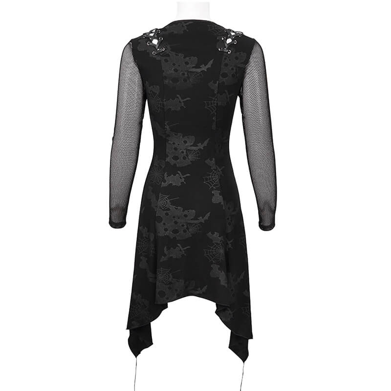 Back view of a women's gothic black dress with mesh sleeves and asymmetrical hem, featuring spider web print.