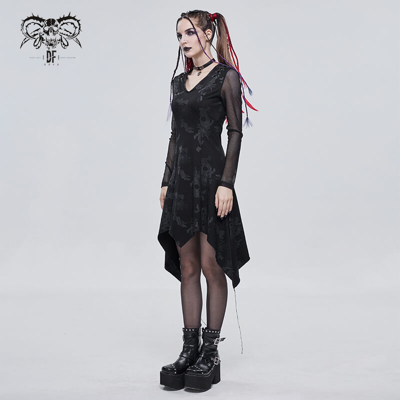 Goth punk drawstring V-neck asymmetrical dress in elegant black, worn by model with edgy hairstyle and stylish boots.