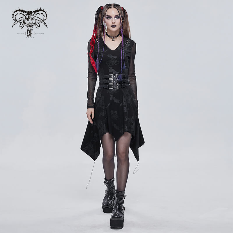 Goth punk model wearing a black asymmetrical dress with drawstrings, showcasing a stylish gothic look.