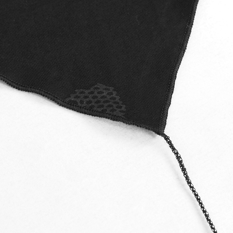 Close-up of the drawstring detail on a black gothic dress, showcasing transparent fabric and asymmetrical cut.
