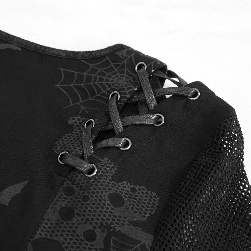 Close-up of Goth Punk dress showing lace-up detail and spider web pattern on black fabric.