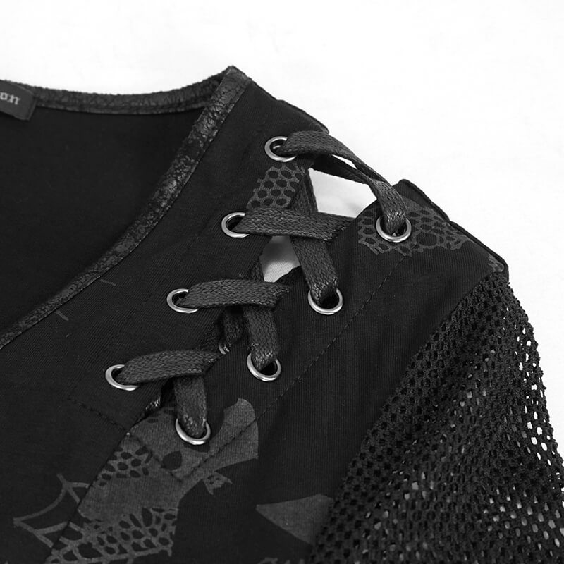 Close-up of gothic black dress showing V-neck and stylish drawstring detail.