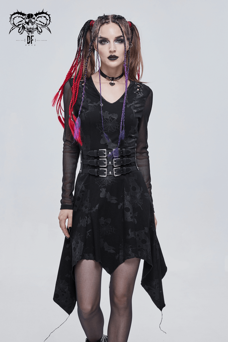Model wearing a stylish black gothic dress with V-neck, asymmetrical cut, and decorative drawstrings.