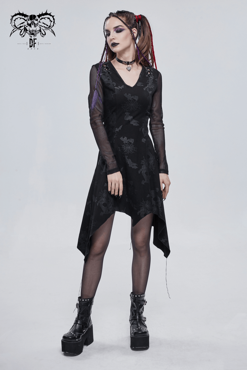 Goth punk drawstring decoration black asymmetrical dress worn by a model, showcasing elegant gothic style and edgy vibes.
