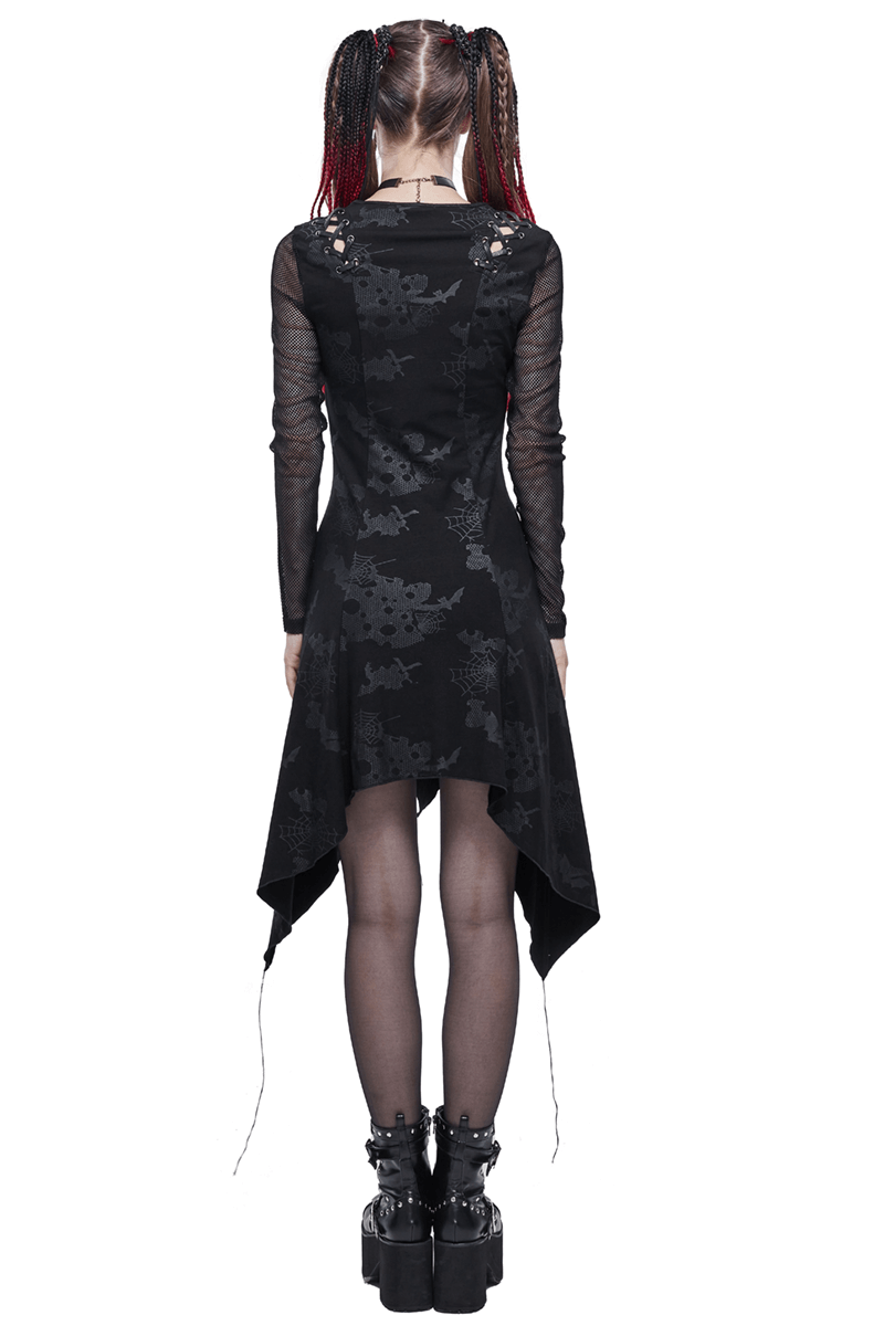 Goth Punk Drawstring Decoration V-neck Printed Asymmetrical Dress / Women's Alternative Clothing - HARD'N'HEAVY