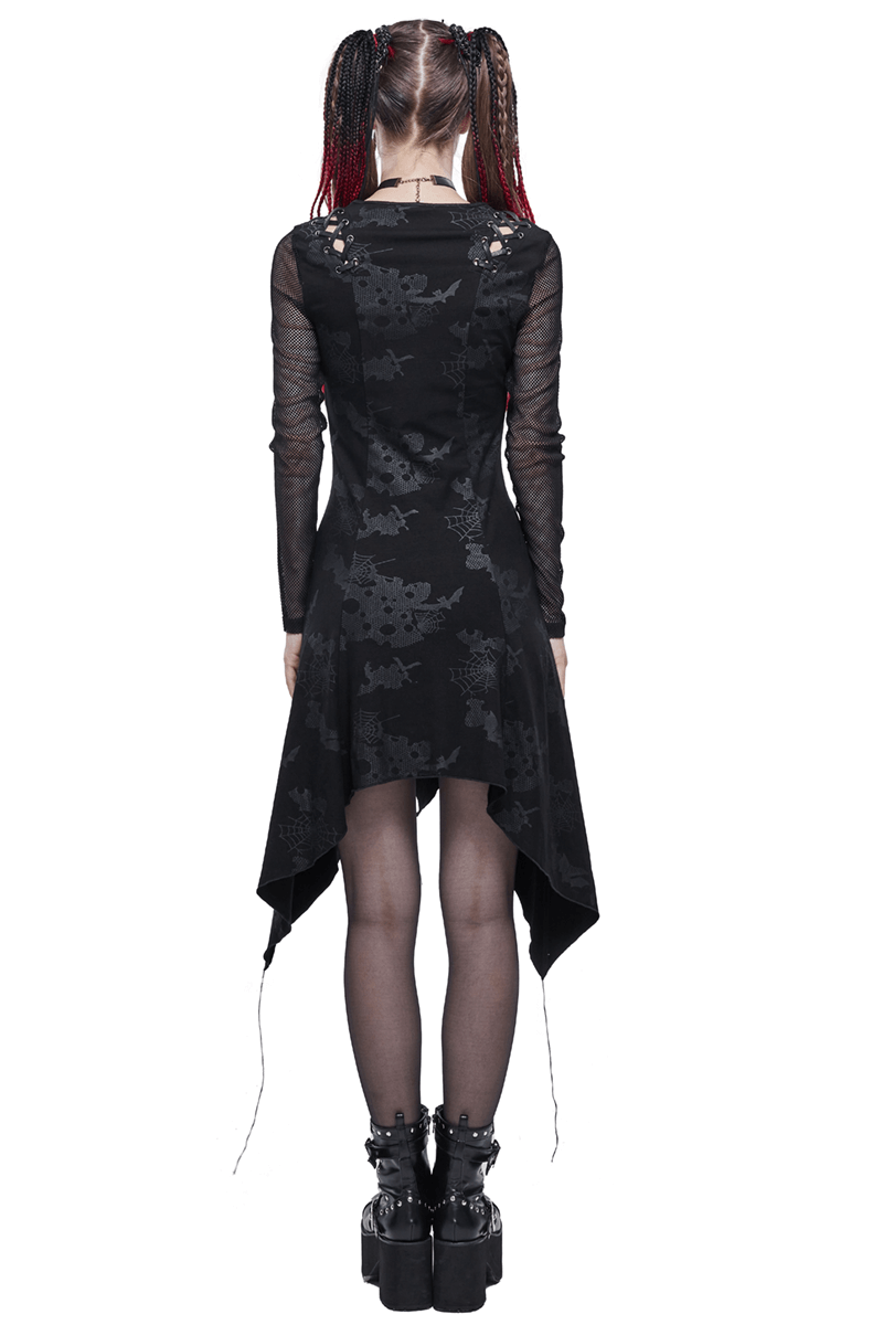Back view of a gothic black asymmetrical dress with drawstrings, perfect for a punk chic look.