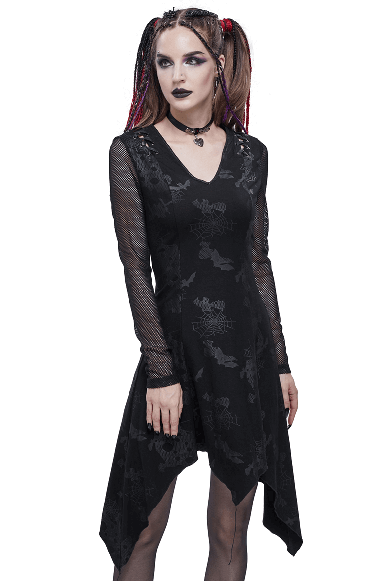 Goth Punk Drawstring Decoration V-neck Printed Asymmetrical Dress / Women's Alternative Clothing - HARD'N'HEAVY