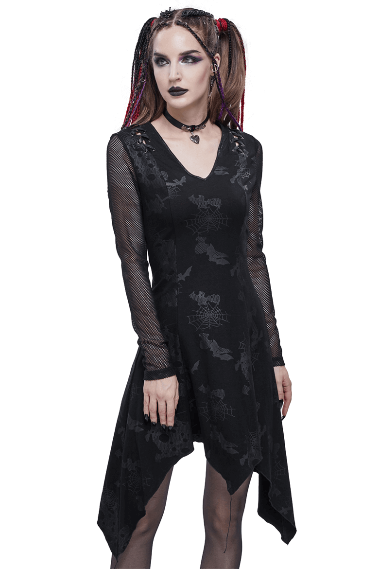 Stylish woman in a Goth punk asymmetrical black dress with V-neck and drawstring details, showcasing gothic elegance.