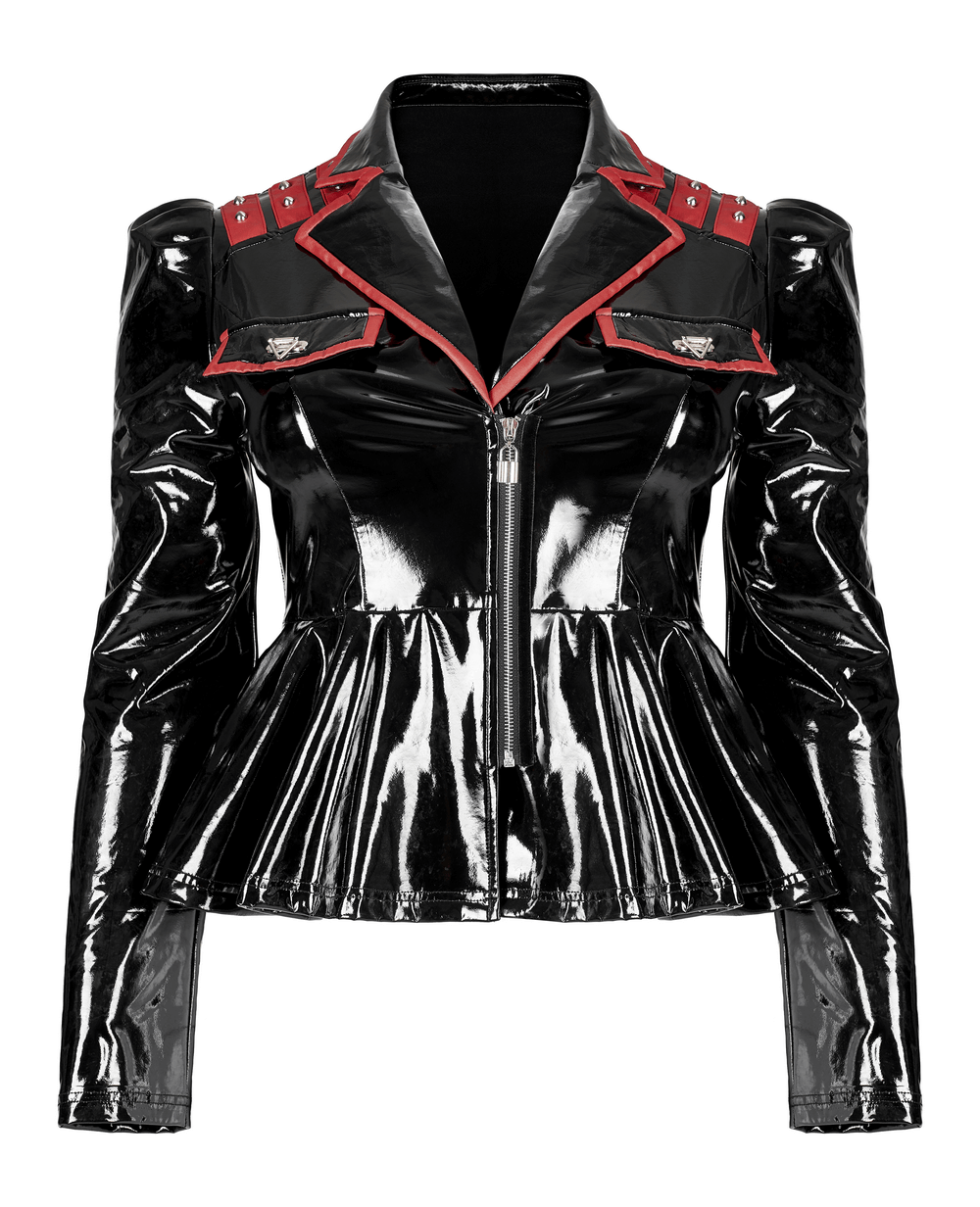 Goth Punk Faux Leather Jacket Red Patent Pleated Lapel - HARD'N'HEAVY
