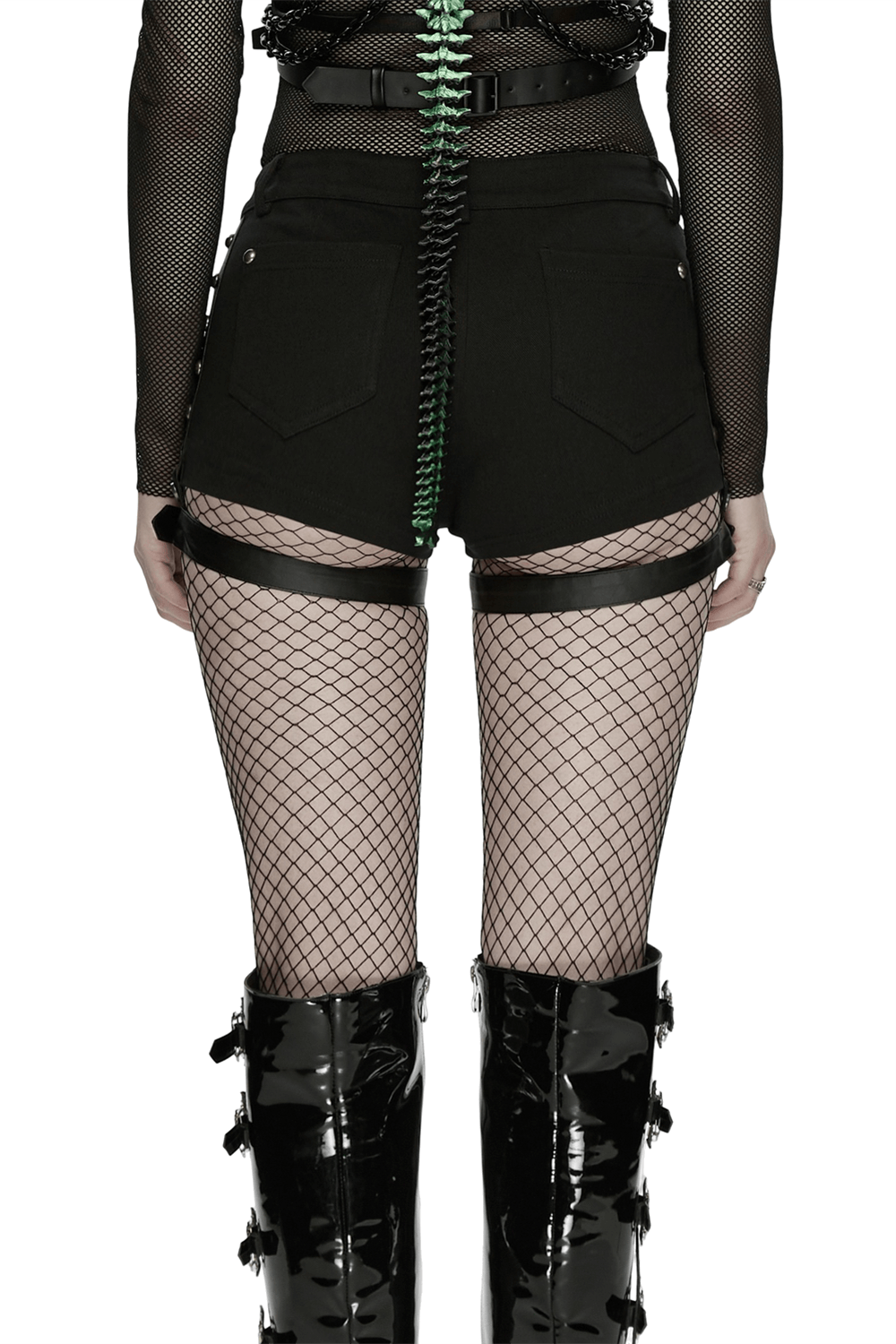 Goth Punk Low Waist Studded Strap Micro Twill Shorts featuring a stylish back view with fishnet stockings.