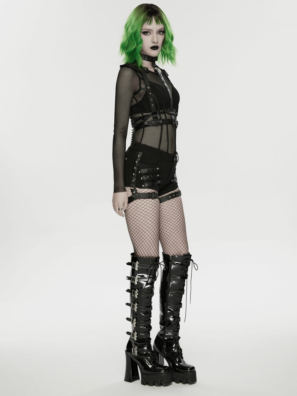 Model showcasing Goth Punk Low Waist Studded Strap Micro Twill Shorts paired with edgy accessories and bold makeup.
