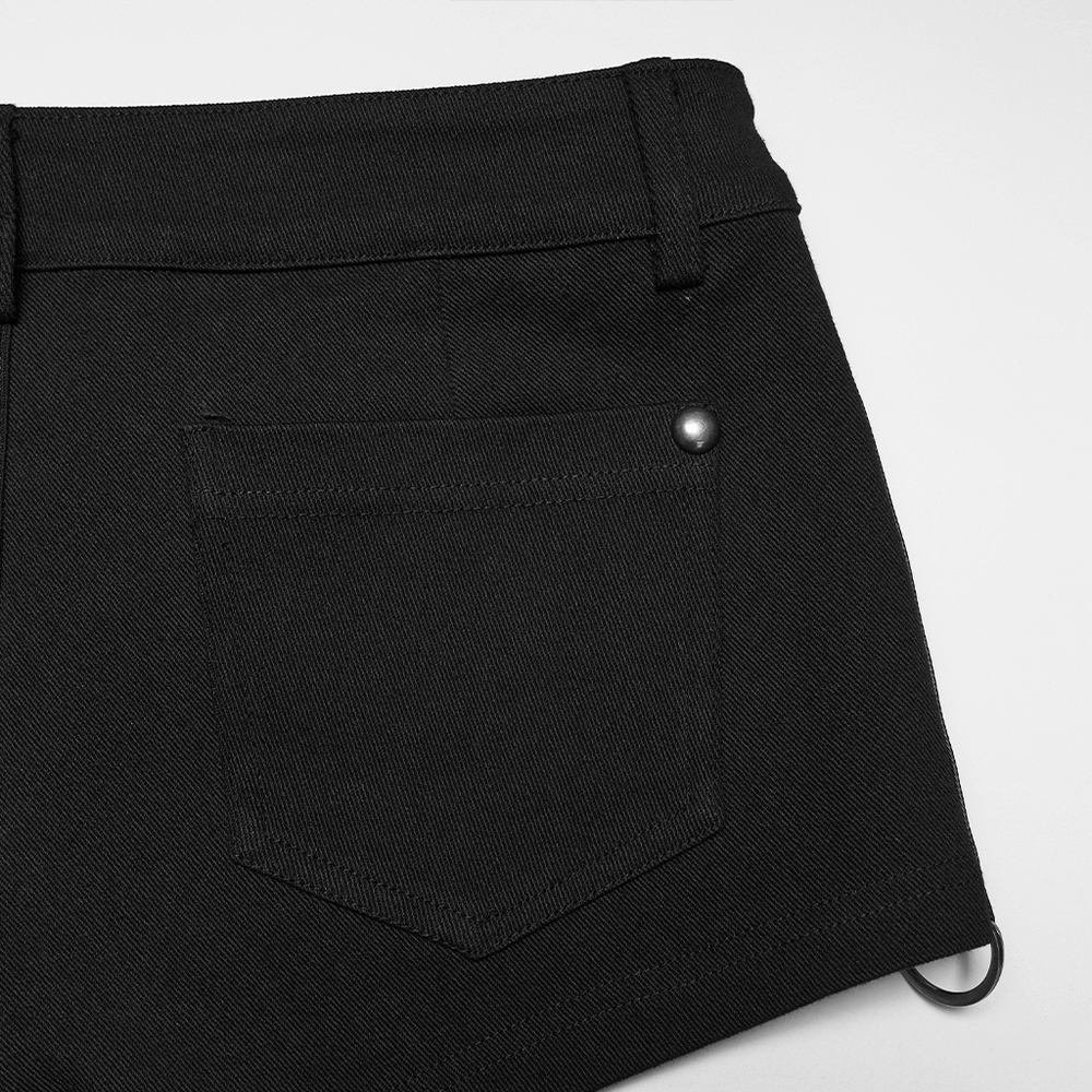 Goth Punk Low Waist Studded Strap Micro Twill Shorts back pocket detail with stud for an edgy punk look.