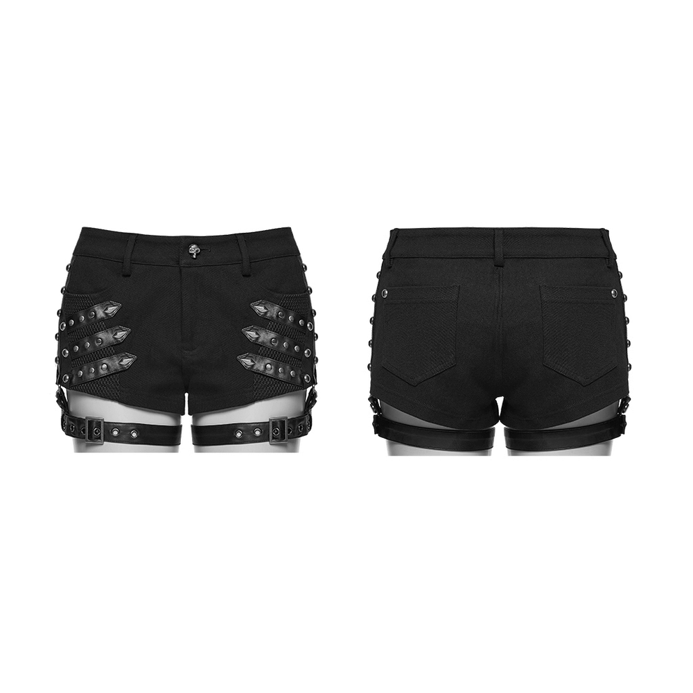 Goth Punk Low Waist Studded Strap Micro Twill Shorts featuring 3D mesh loops and studded details.