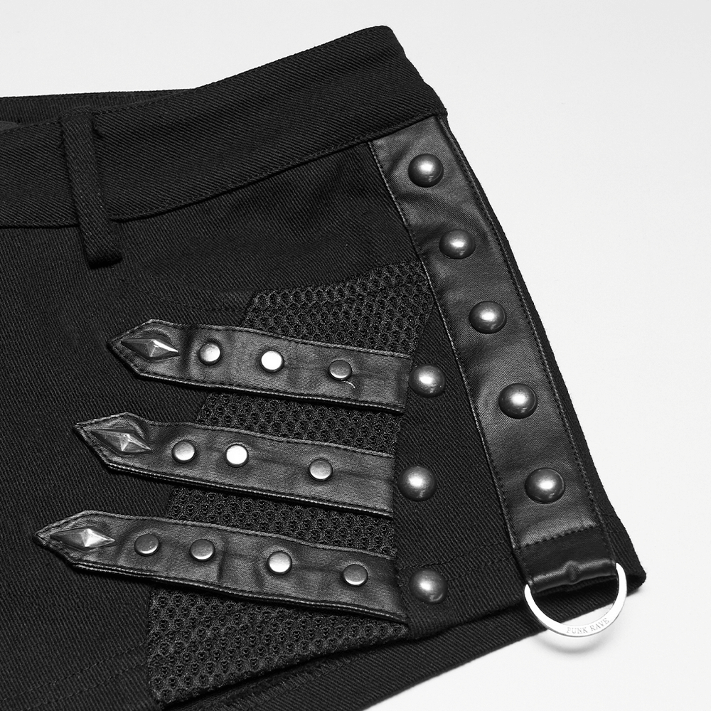 Goth Punk Low Waist Studded Strap Micro Twill Shorts showcasing studded details and mesh loops.