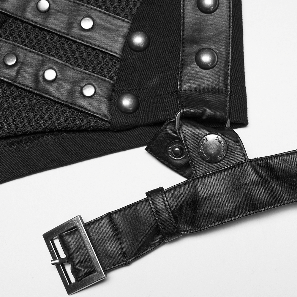 Close-up of Goth Punk Low Waist Studded Strap Micro Twill Shorts showcasing studded leather and mesh detailing.
