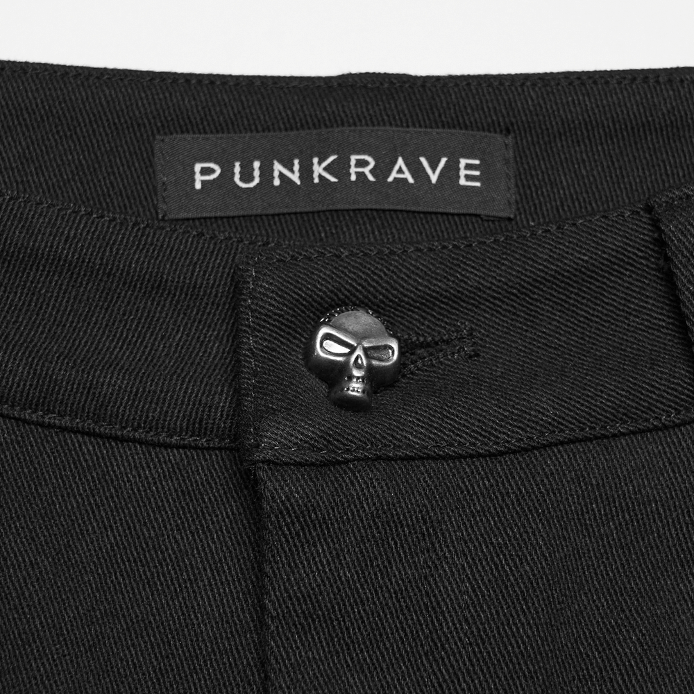 Close-up of Goth Punk Low Waist Studded Strap Micro Twill Shorts with skull button detail and PUNK RAVE label.