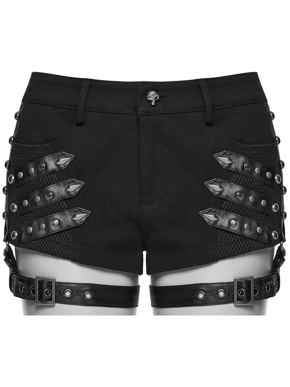 Goth Punk Low Waist Studded Strap Micro Twill Shorts showcasing edgy design with studded details and mesh accents.