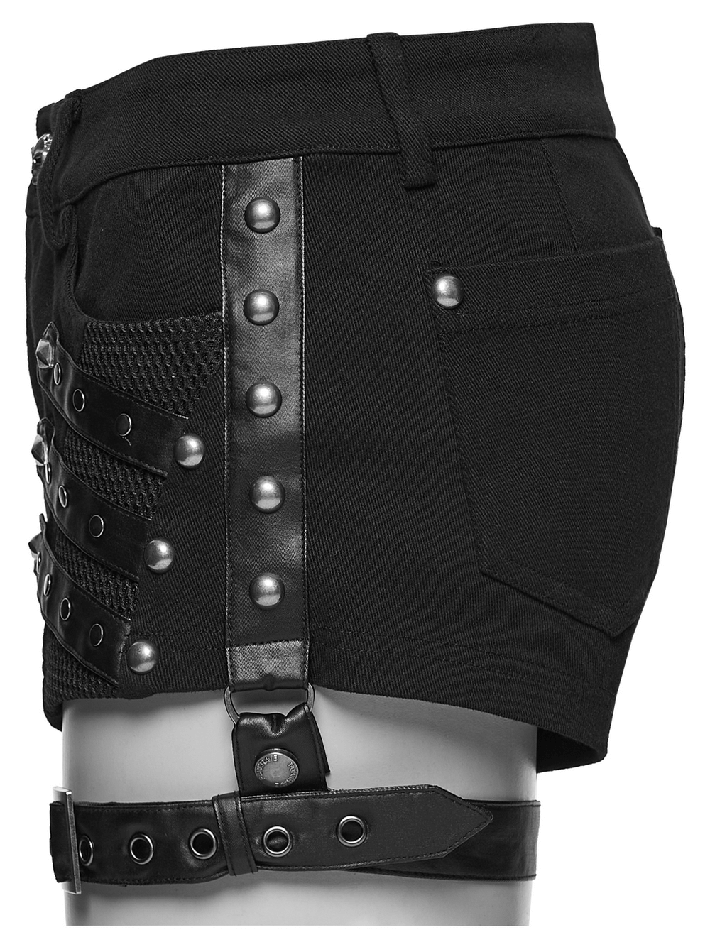 Goth Punk Low Waist Studded Strap Micro Twill Shorts showcasing side view with studded straps and 3D mesh detailing.