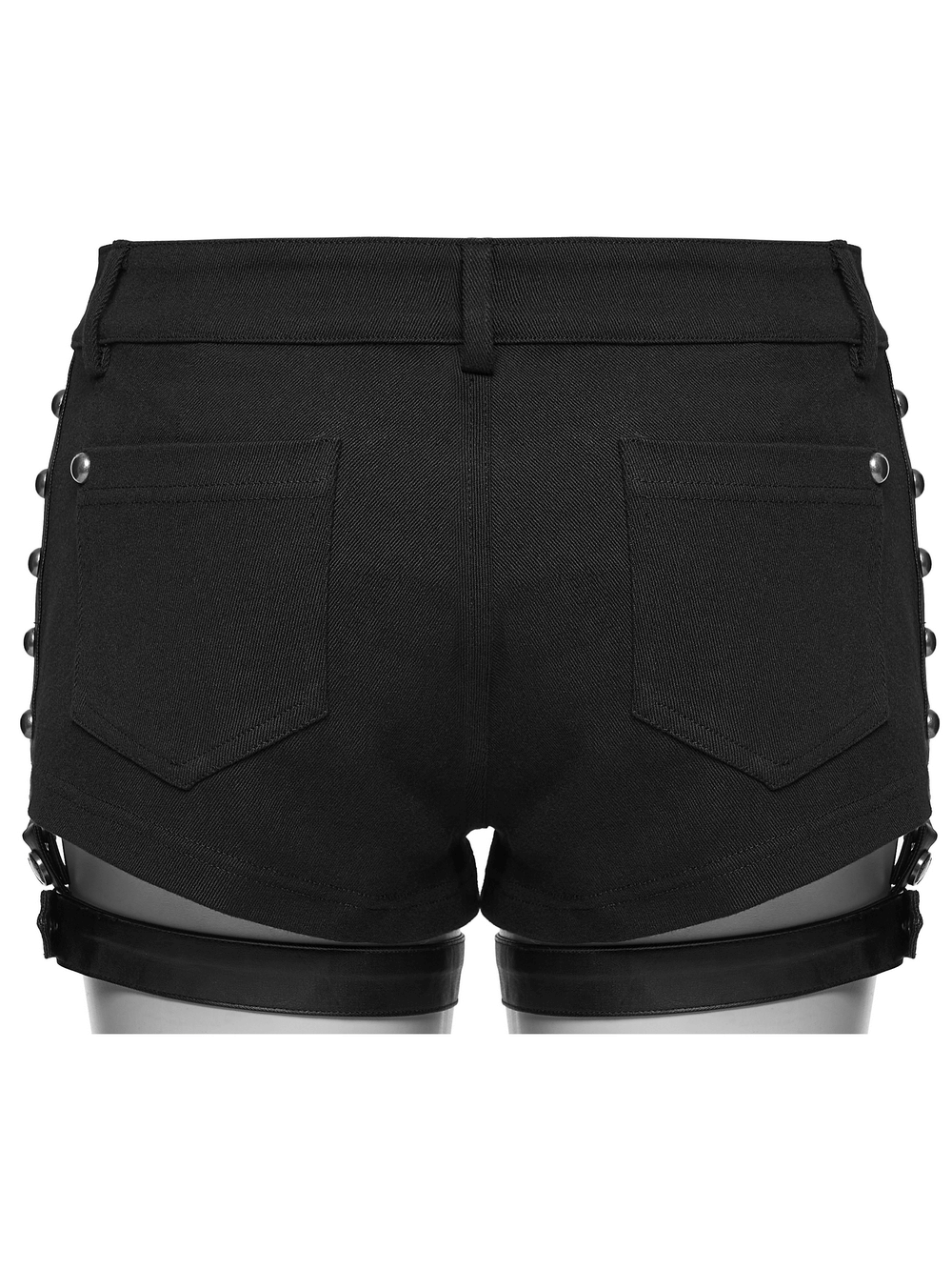 Goth Punk Low Waist Studded Strap Micro Twill Shorts showcased from the back, featuring studded detailing and strap accents.