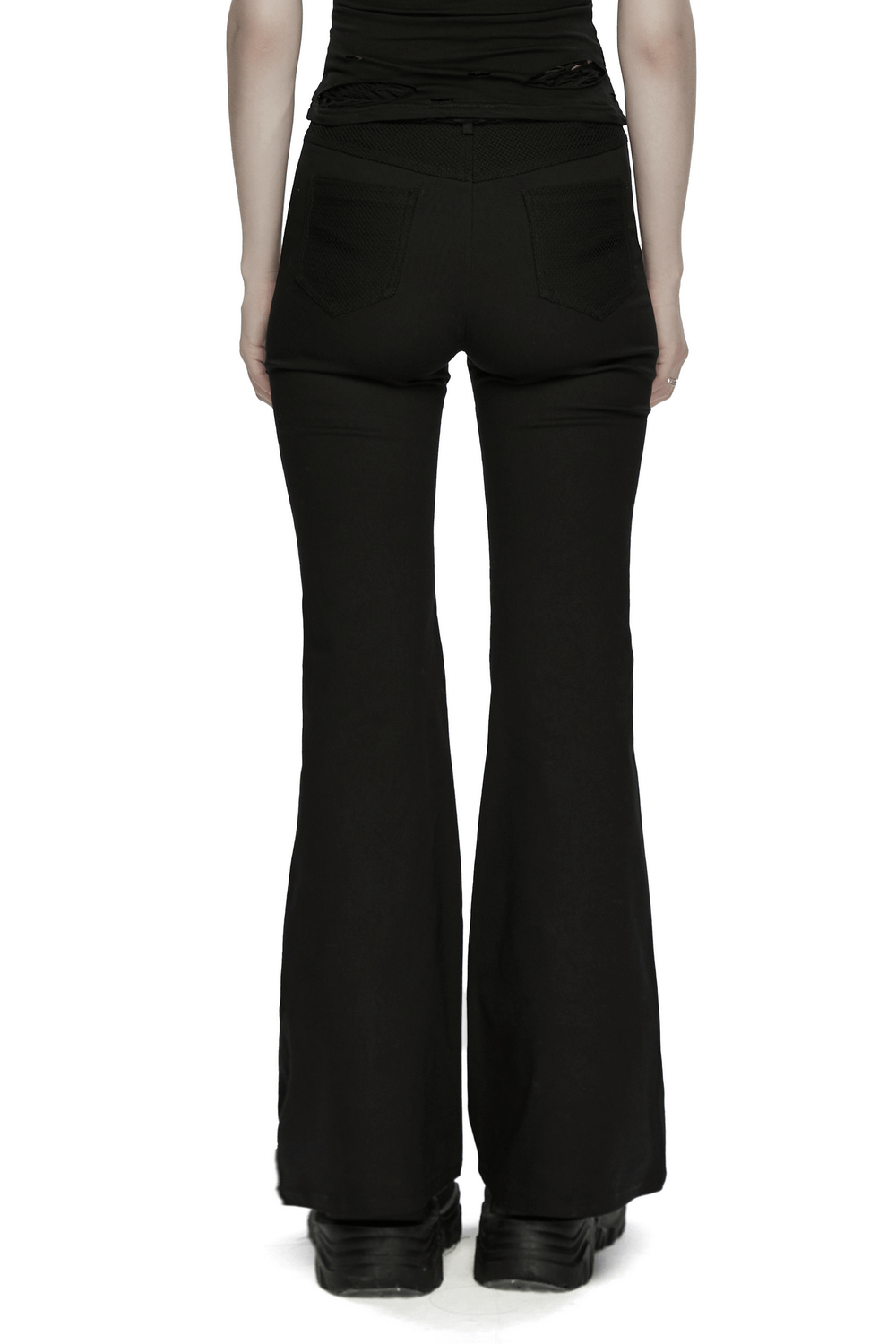 Goth Punk Mesh Flare Pants with Strap Buckle Detail showcased from the back, highlighting the bootcut style and fit.