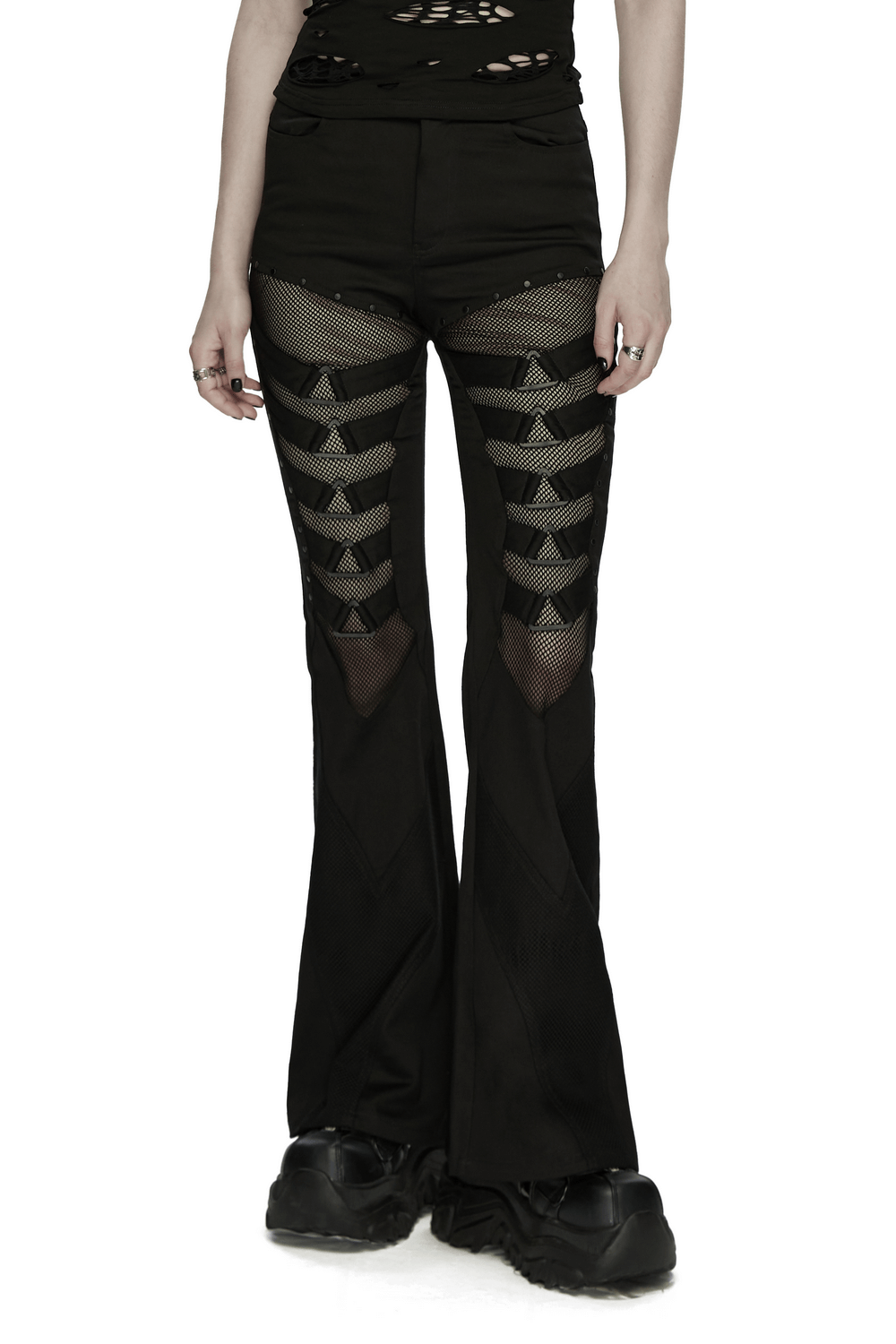 Goth Punk Mesh Flare Pants with Strap Buckle Detail featuring mesh panels and triangle buckles for a daring look.