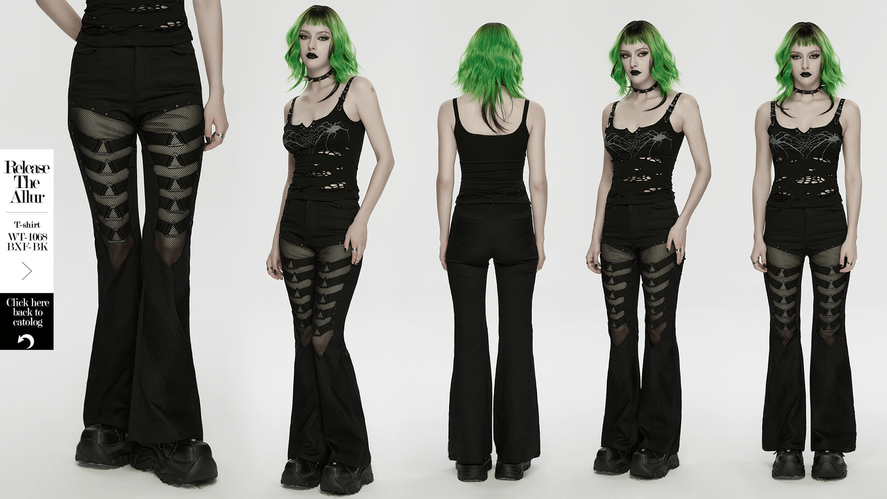 Goth Punk Mesh Flare Pants with Strap Buckle Detail featuring sheer mesh panels and geometric buckle accents.