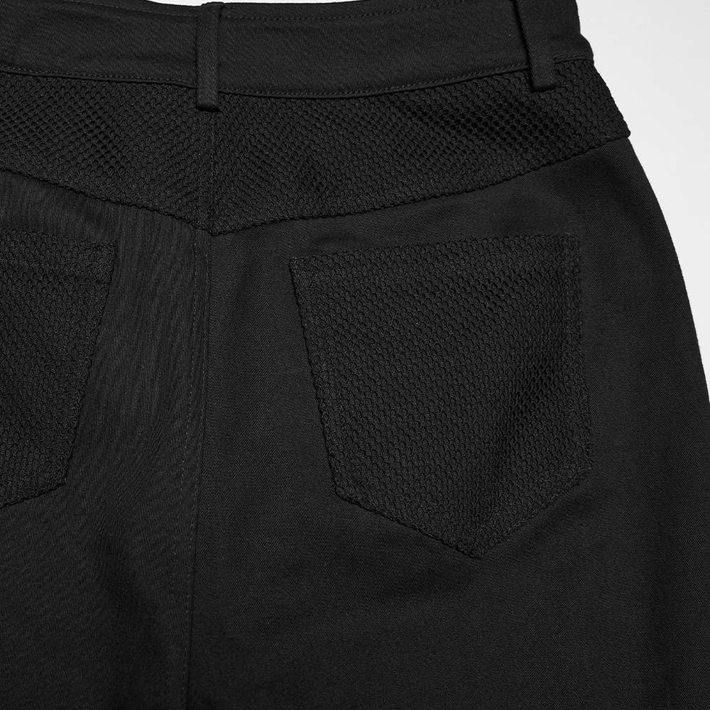 Goth Punk Mesh Flare Pants with Strap Buckle Detail showing the back pocket and mesh waistband texture.