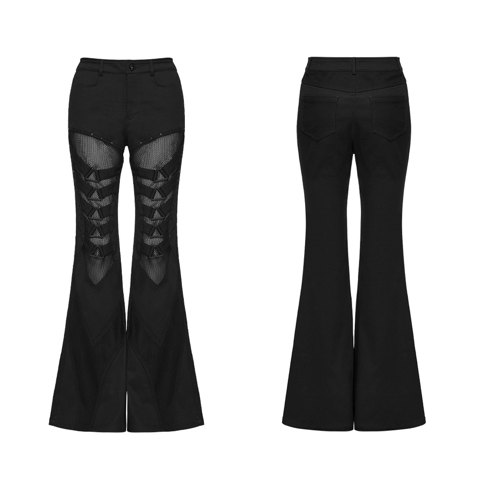 Goth Punk Mesh Flare Pants with Strap Buckle Detail showcasing daring mesh panels and dramatic bootcut design.