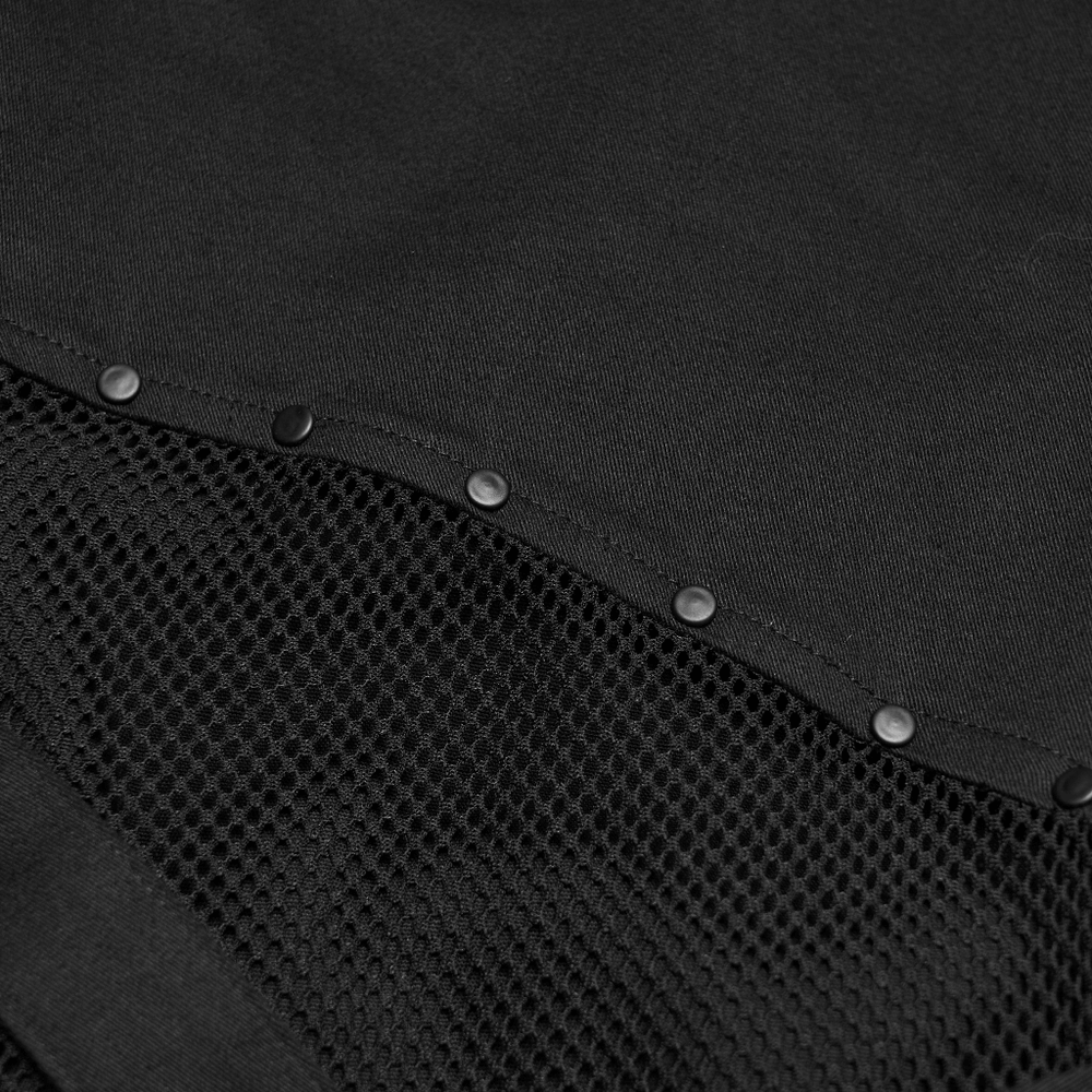 Close-up of Goth Punk Mesh Flare Pants with Strap Buckle Detail showcasing mesh panels and snap buttons.
