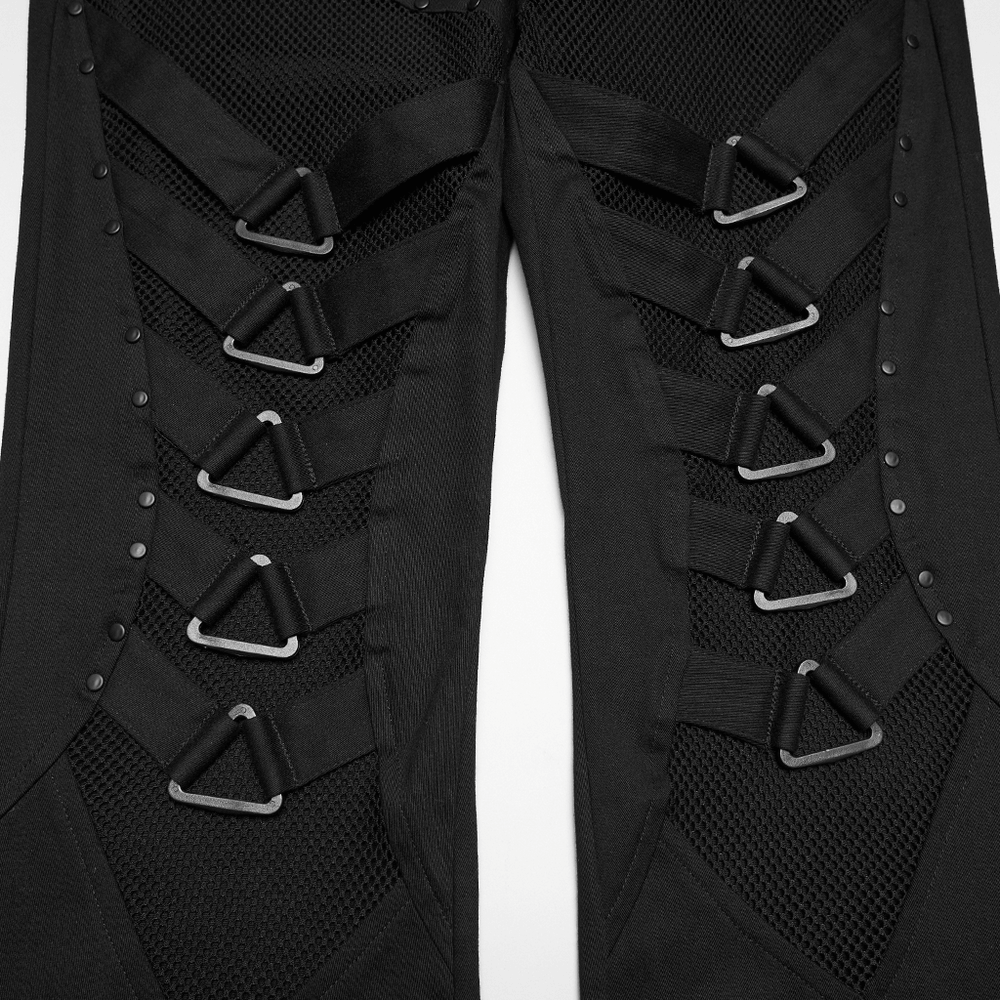 Goth Punk Mesh Flare Pants with Strap Buckle Detail showing mesh panels and triangle buckle detail.