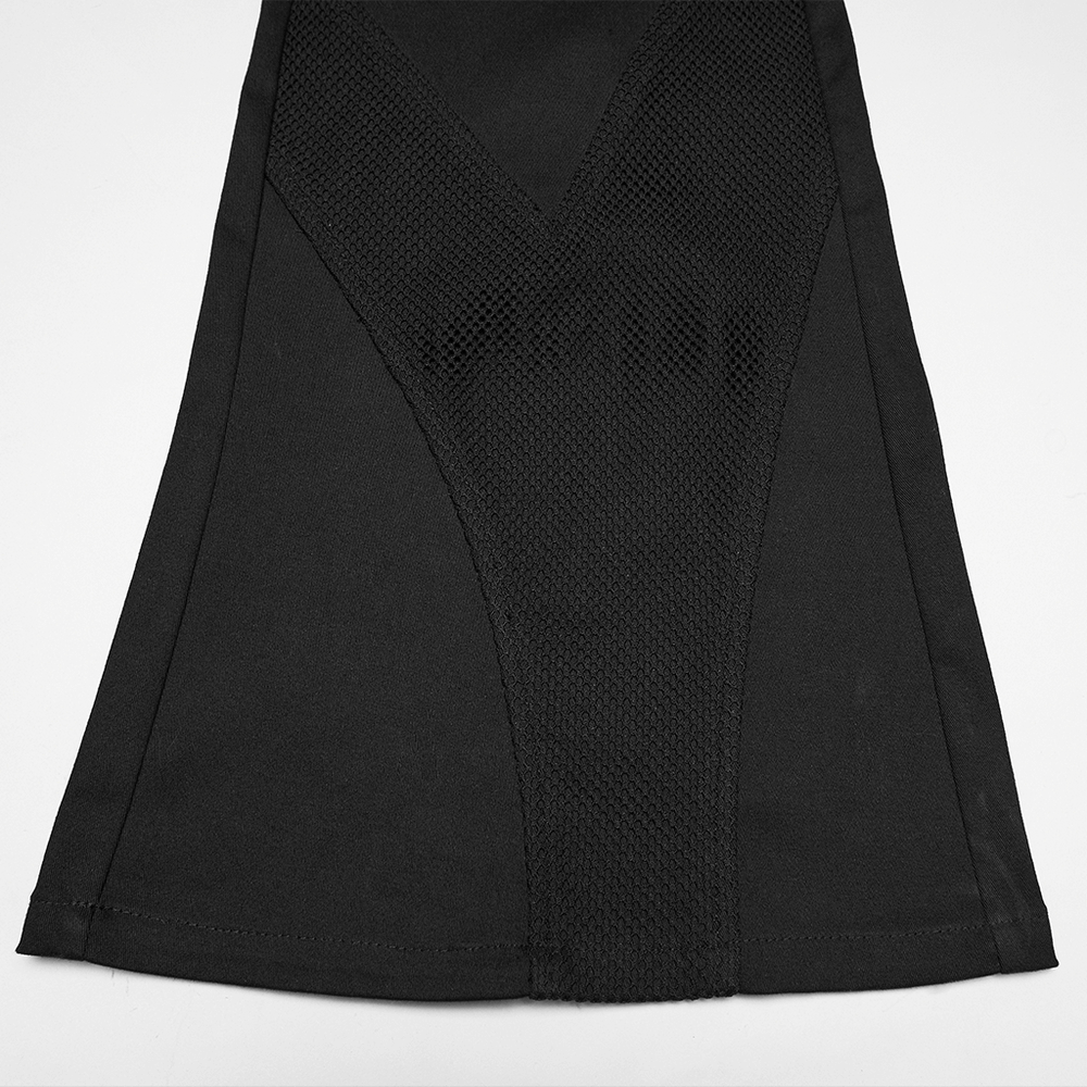 Goth Punk Mesh Flare Pants with Strap Buckle Detail showcasing unique mesh panels and dramatic bootcut design.