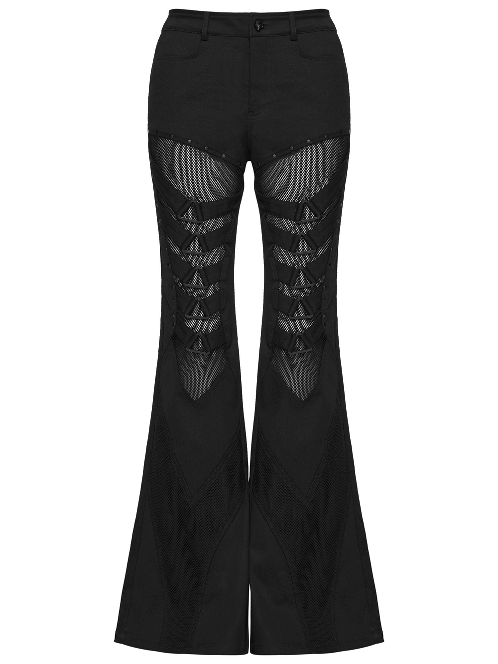Goth Punk Mesh Flare Pants with Strap Buckle Detail featuring mesh panels and triangle buckles for a bold look.
